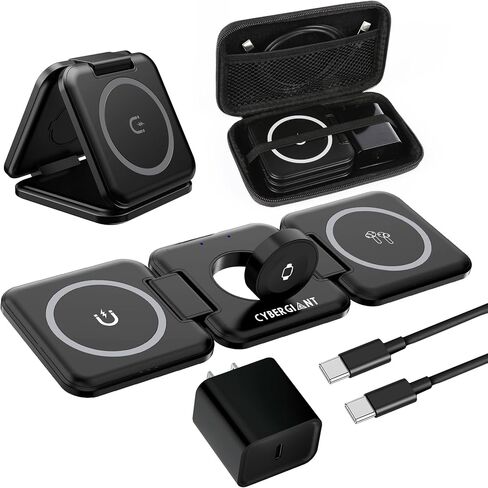 محطة شحن لاسلكية 3 في 1 لأجهزة Apple - حامل شاحن مغناطيسي محمول قابل للطي لأجهزة iPhone Airpods Apple Watch iWatch، شاحن سفر لأجهزة متعددة مع محول وحقيبة in Saudi Arabia
