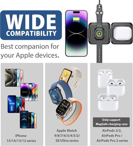 محطة شحن لاسلكية 3 في 1 لأجهزة Apple - حامل شاحن مغناطيسي محمول قابل للطي لأجهزة iPhone Airpods Apple Watch iWatch، شاحن سفر لأجهزة متعددة مع محول وحقيبة in Saudi Arabia