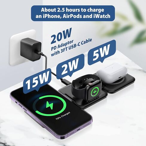 محطة شحن لاسلكية 3 في 1 لأجهزة Apple - حامل شاحن مغناطيسي محمول قابل للطي لأجهزة iPhone Airpods Apple Watch iWatch، شاحن سفر لأجهزة متعددة مع محول وحقيبة in Saudi Arabia