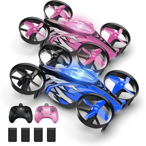 2 In 1 Mini Drones for Kids Remote Control Drone with Land Mode or Fly Mode, LED Lights,Auto Hovering, 3D Flip,Headless Mode and 4 Batteries,Toys Gifts for Boys Girls (Blue & Harbor Pink 2Pack)