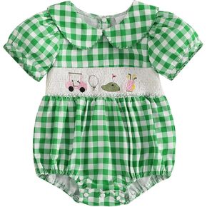 Newborn Baby Girl Golf Outfit Summer Doll Collar Bubble Short Sleeve Golfing Theme Embroidery Smocked Plaid Romper Bodysuit