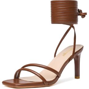 RIBONGZ Strappy Heels for Women Square Open Toe Tie Up Sandals Ankle Strap Lace Up Stiletto High Heels Sexy for Wedding Prom Party Comfort Dress Shoes