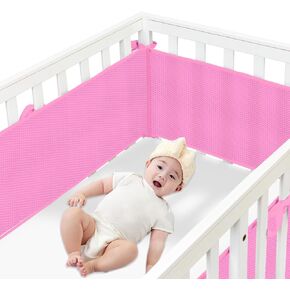 4 Sides Ventilated Mesh Liner for Full-Size Cribs, Covers-Long Pieces (111in x 11in), Short Pieces(82in x11in) (Pink-01)