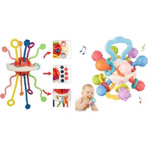 Montessori Toys Food Grade Silicone Pull String Activitys Baby Sensory Teething Toys, Teething Relief Ball for Infants Rattle Chew Toys