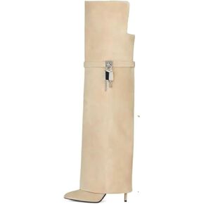 keleimusi Fold Over Thigh High Over the Knee Boots For Women Pointed Toe Stilettos High Heel Padlock Boots Wide Calf Pull-on Fashion Dress Boots