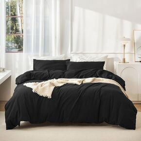 JIYUAN 100% Washed Cotton Duvet Cover Set Comfy Simple Style Soft Breathable Textured Durable Linen Feel Bedding for All Seasons Twin, Black