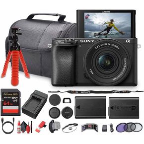 Sony a6100 Mirrorless Camera with 16-50mm f/3.5-5.6 II Lens (ILCE6100KB) + NP-FW50 Battery + 64GB Memory Card + Camera Bag + Charger + Tripod + Cleaning Kit + HDMI/Micro Cable + More (Renewed)