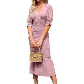 BerryGo Women's Elegant Smocked Ruffle Bodycon Midi Dress Puff Sleeve Maternity Casual Beach Party Cocktail Pencil Dress for Wedding Guest Pink, S