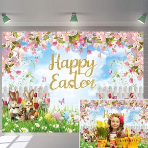 Spring Easter Backdrop 7x5FT Easter Rabbit Garden Colorful Eggs Photo Background Spring Party Decor Banner Photo Booth Props