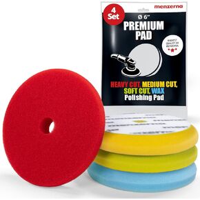 MENZERNA 4 Pcs 6 Inch Premium Polishing Pad Kit I Scratch Repair, Fine Polishing, Shine & Sealing I Body Repair Buffing & Polishing Pads with Safety Edge & Velcro Attachment I Washable & Long Lasting