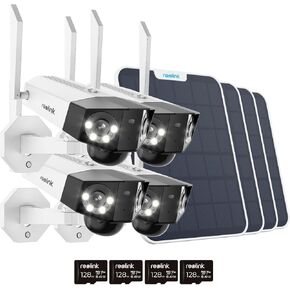REOLINK Duo 2 with Solar Panel 4 Pack Bundle - 8MP Security Camera Wireless Outdoor, 180° Ultra-Wide View, Color Night Vision, 2.4/5 GHz WiFi, Smart Detection, Local Storage Includes SD Card (128GB)