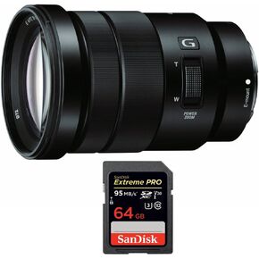 Sony SELP18105G E PZ 18-105mm f/4 G OSS Power Zoom Lens Bundle with Sandisk Extreme PRO SDXC 64GB UHS-1 Memory Card
