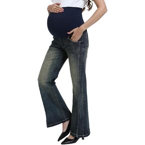 Women's Maternity Flare Jeans Stretch with Pockets Over The Bell Bootcut Comfy Denim Pregnancy Pants