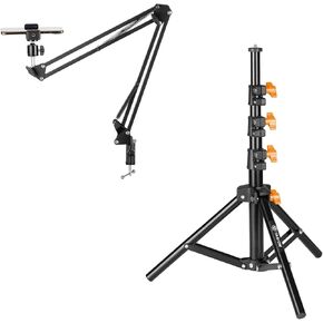 TARION Overhead Phone Stand + Mini Light Stand - Black Cell Phone Mount Stand Arm for Desk + 51" Photography Lighting Tripod Stand for Phone Cameras Lightweight Foldable Travel Tripod Stand TLS-01
