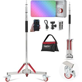 AMBITFUL Heavy Duty Light Stand with Casters, with Video Lighting 100% Stainless Steel Max Height 10ft/305cm, Photography Wheeled Base Stand for Studio Softbox, Monolight, Reflector