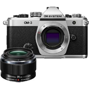 OM SYSTEM Om-3 Mirrorless Micro Four Thirds Lens System Camera with BSI Live MOS Sensor Bundle with M.Zuiko Digital 25mm F1.8 II Lightweight Compact Weather-Sealed Micro Four Thirds Lens (2 Items)