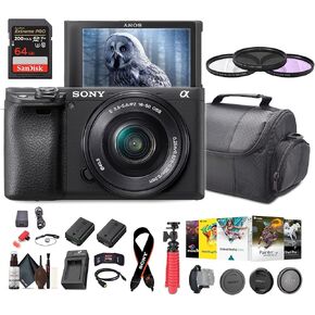 Sony a6400 Mirrorless Camera with 16-50mm Lens (ILCE-6400L/B) + 64GB Memory Card + NP-FW50 Battery + Photo Software + Filter Kit + Charger + Case + More
