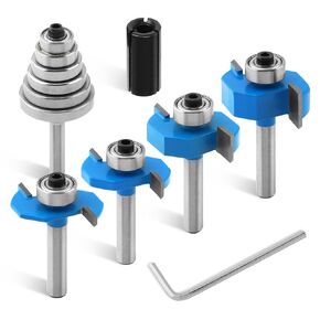 4Pcs Carbide Rabbet Router Bit Set - T-Slot Router Bits (1/8, 1/4, 3/8, 1/2 inches) - 1/4" Shank - 6 Bearings - Rabbeting Cut Router Bit for Wood Grooving