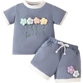 Noubeau Toddler طفلة الطفلة الصيفية ملابس قصيرة الأكمام ثلاثية الأبعاد تي شيرت القميص وافل