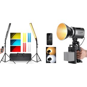 NEEWER Upgraded LED Video Light Stick & 2.4G Remote Kit, 2 Pack Handheld Dimmable with MS60B LED Video Light 2.4G/APP Control, 65W Metal Mini Compact COB Continuous Output Lighting Spotlight