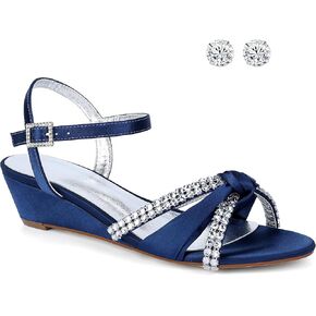 Women's Satin Wedge Sandals Rhinestone Bowknot Wedding Party Shoes with Crystal Ear stud
