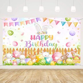 MEHOFOND Easter Happy Birthday Backdrop Easter Eggs Bunny Birthday Party Decorations Banner Spring Easter Theme Birthday Photography Background Rabbit Birthday Decor Photo Booth Props 6x3.6ft
