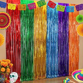 4 Packs Fiesta Party Foil Fringe Curtains with Felt Papel Picado Mexican Party Banner Metallic Tinsel Streamers Fiesta Backdrop Party Photo Booth Props Cinco De Mayo Decorations