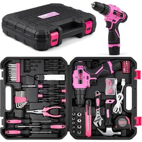 152PCS Home Tool Kit with 12V Cordless Drill, Pink
