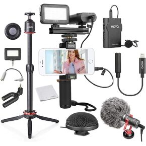 Movo Huge iPhone Vlogging Kit V8 with iPhone Lightning Dongle, Mini Tripod, Grip Rig, Wireless Shotgun Mini, 360° Stereo Microphones, LED Lights, Remote - Perfect for TiKTok, YouTube, and Streaming