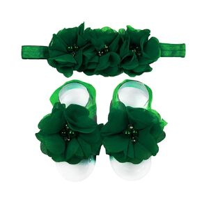 Green Baby Girl Flower Headbands Chiffon Flower Barefoot Sandals for Newborns Infants Toddlers. (BBFJ 11) (Green, One size)