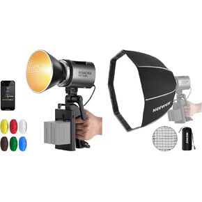 NEEWER MS60B LED Video Light with 6 Color Diffusers Kit, 65W Mini COB Control Bi Color 2700K-6500K Continuous Output Lighting 40000lux/m, PWM Dimming, Bowens Mount, NS4P Octagonal Softbox Included