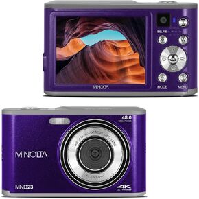 Minolta 48 Mega Pixels Point & Shoot Digital Camera with Rear Selfie Lens, Autofocus & 4K Ultra HD Video, Purple