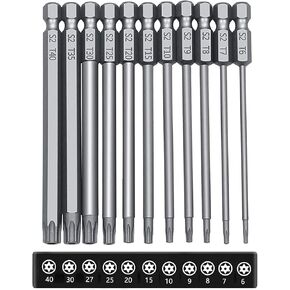 YUENTOEN Long Torx Security Head Screwdriver Drill Set,100 mm Length T6 T7 T8 T10 T15 T20 T25 T27 T30 T40 1/4 Inch Hex Shank S2 Steel Star Screwdriver Bits Set (11pcs)