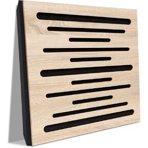 Olanglab Acoustic Wood Wall Panels, 4 Pack 19.6"x19.6" Sound Absorbing Panels Polyester Fiber, Oak Plywood Sound Panels, Self Adhesive 3D Wood Soundproof Wall Panel for Studio (Polyester Line 1)
