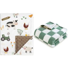 HOMRITAR 2 Pack Minky Blanket with Double Layer Dotted Backing + Corduroy Toddler Blanket with Double Layer 3D Square Grid Backing Sage Green 30 x 40 Inch