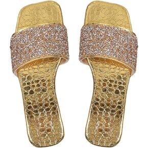 Verdusa Women's Metallic Rhinestone Sandals Square Open Toe PU Leather Glitter Slippers
