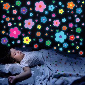 Glow in The Dark Y2k Cute Flowers Wall Decals，Glowing Luminous Colorful Boho Floral Wall Stickers Removable self-Adhesive Flower Decals for Girls Bedroom Kids Baby Nursery Living Room Decoration