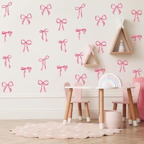 12 Sheets Pink Bow Wall Stickers Watercolor Bowknot Coquette PVC Wall Decals Self-Adhesive Wall Decoration for Party Home Bedroom Classroom Office