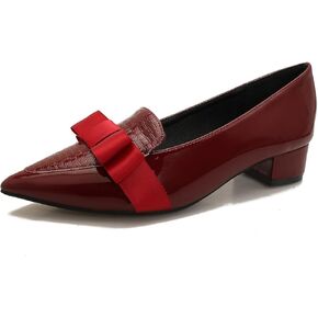 Womens Comfortable Patent Leather Chunky Loafer Pumps with Bow Pointed Closed Toe Penny Loafers 1 Inch Low Block Heeled Loafers Shoes for Women Party Business
