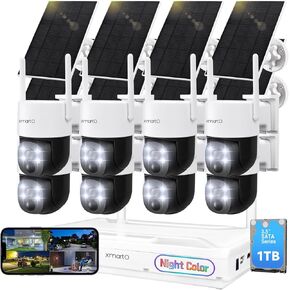 XMARTO Night Color Wire-Free Solar Home Security Camera System with Pan Tilt and Zoom，8-Set CCTV Cameras Kit with 4K 10CH Expandable WiFi NVR