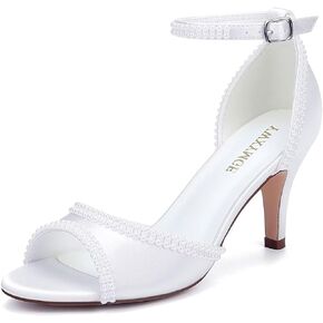 Low Heel Wedding Shoes for Bride Peep Toe Pearl Bridal Shoes Ankle Buckle Strap Wedding Heels