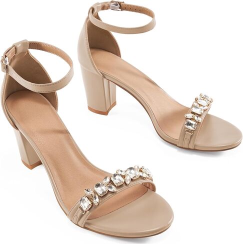 Womens High Heels Comfortable: Black 8 Open Toe Ankle Strap Chunk Heeled Sandals - Buckle Rhinestone Heel for Prom Wedding in Kuwait