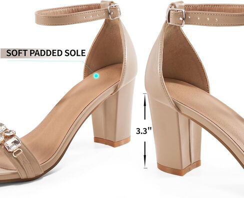 Womens High Heels Comfortable: Black 8 Open Toe Ankle Strap Chunk Heeled Sandals - Buckle Rhinestone Heel for Prom Wedding in Kuwait
