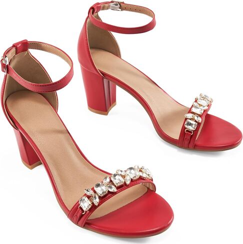 Womens High Heels Comfortable: Black 8 Open Toe Ankle Strap Chunk Heeled Sandals - Buckle Rhinestone Heel for Prom Wedding in Kuwait