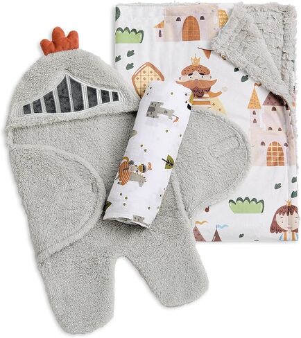 Evolur Good Knight 3 pc Baby Gift Set, Includes Sherpa Sack Wrap, Bamboo Muslin Wrap & Velour Blanket, Soft and Breathable, for Newborns, Infants 0-3 Months in Saudi Arabia