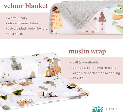Evolur Good Knight 3 pc Baby Gift Set, Includes Sherpa Sack Wrap, Bamboo Muslin Wrap & Velour Blanket, Soft and Breathable, for Newborns, Infants 0-3 Months in Saudi Arabia