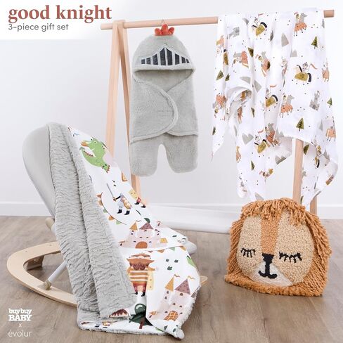Evolur Good Knight 3 pc Baby Gift Set, Includes Sherpa Sack Wrap, Bamboo Muslin Wrap & Velour Blanket, Soft and Breathable, for Newborns, Infants 0-3 Months in Saudi Arabia
