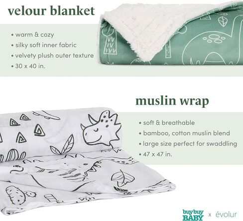 Evolur Good Knight 3 pc Baby Gift Set, Includes Sherpa Sack Wrap, Bamboo Muslin Wrap & Velour Blanket, Soft and Breathable, for Newborns, Infants 0-3 Months in Saudi Arabia