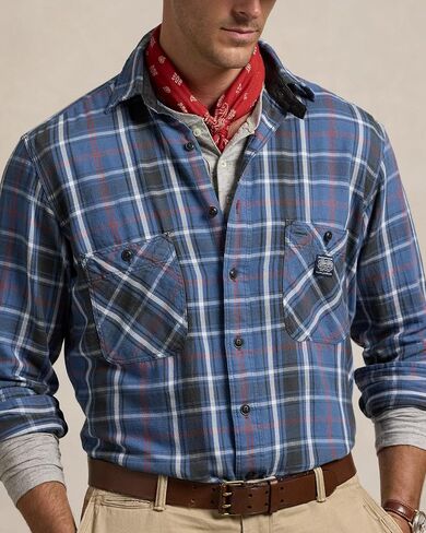 POLO RALPH LAUREN Men’s Classic Fit Denim & Supply Plaid Flannel Workshirt (Green/White Multi, M) in Saudi Arabia