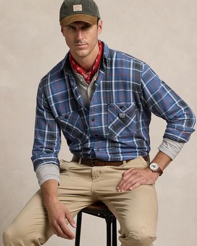 POLO RALPH LAUREN Men’s Classic Fit Denim & Supply Plaid Flannel Workshirt (Green/White Multi, M) in Saudi Arabia